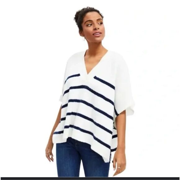 LOFT Blue and White Stripe Pullover Modern Poncho Oversize XS/S New - Picture 1 of 6